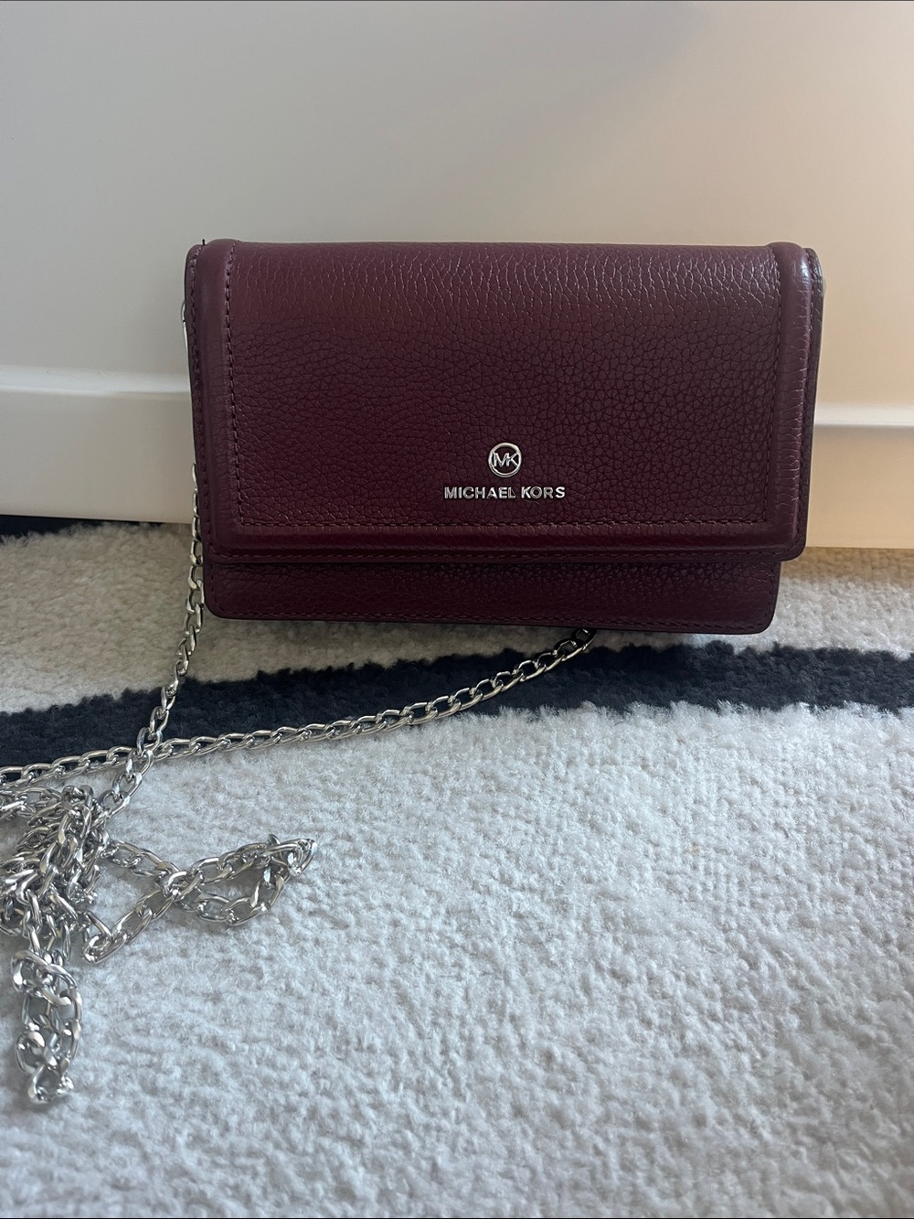 Michael Kors Wine Leather Crossbody with Silver Chain, EUC